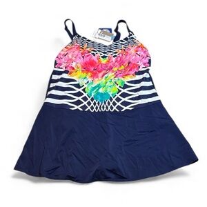NWT Amoena Navy and White Plus One Piece Bathing Suit with skirt 20C